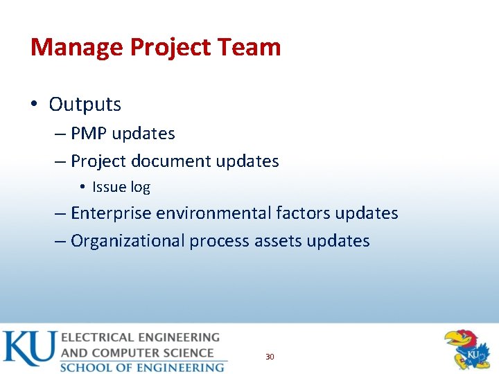 Manage Project Team • Outputs – PMP updates – Project document updates • Issue