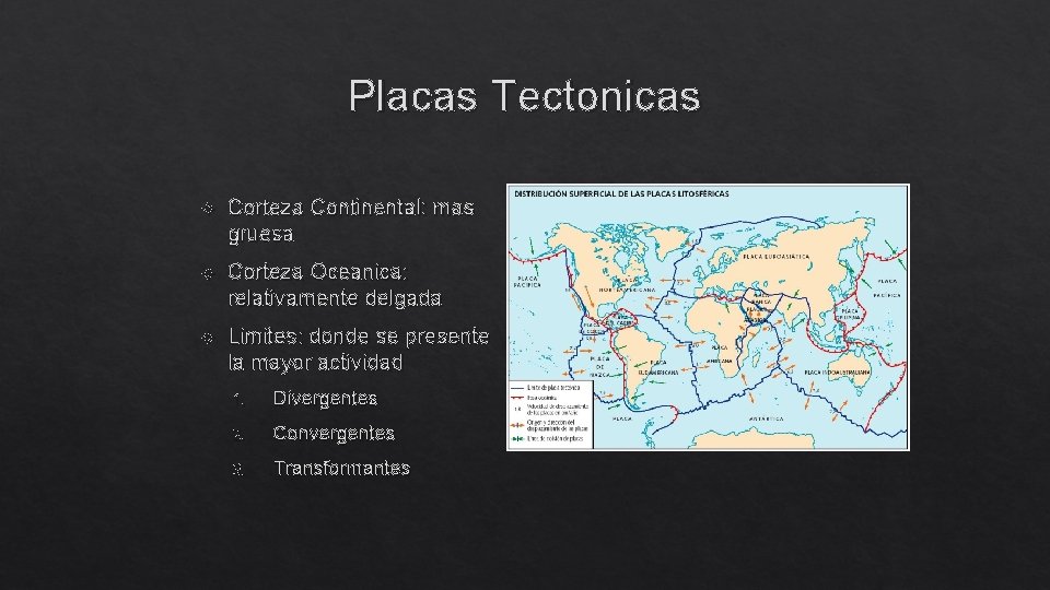 Placas Tectonicas Corteza Continental: mas gruesa Corteza Oceanica: relativamente delgada Limites: donde se presente
