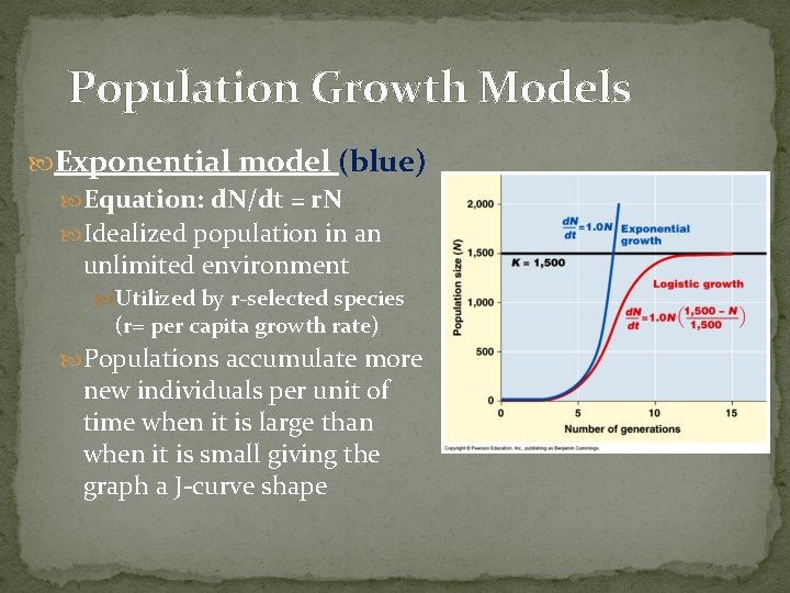 Population Growth Models Exponential model (blue) Equation: d. N/dt = r. N Idealized population