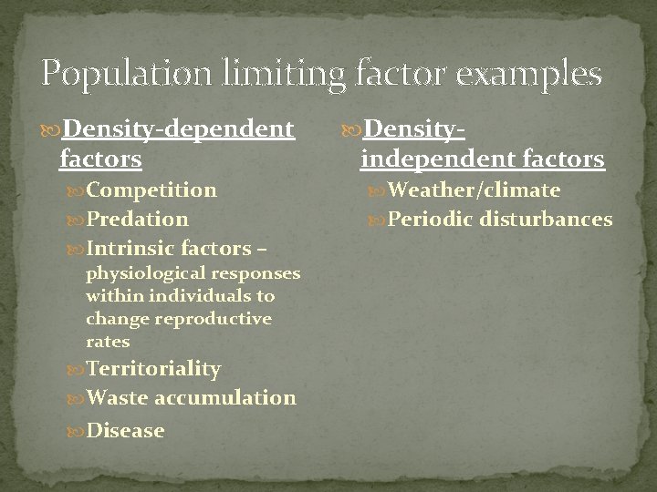 Population limiting factor examples Density-dependent factors Density- independent factors Competition Weather/climate Predation Periodic disturbances