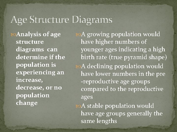 Age Structure Diagrams Analysis of age structure diagrams can determine if the population is