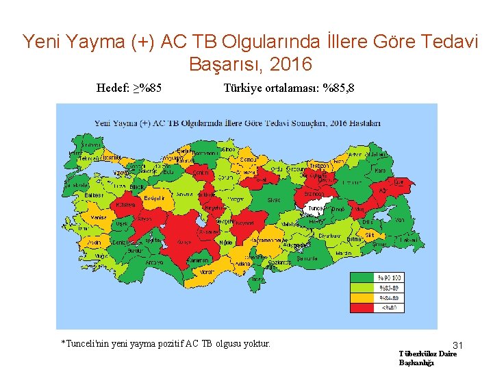 Yeni Yayma (+) AC TB Olgularında İllere Göre Tedavi Başarısı, 2016 Hedef: ≥%85 Türkiye