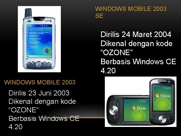 WINDOWS MOBILE 2003 SE Dirilis 24 Maret 2004 Dikenal dengan kode “OZONE” Berbasis Windows