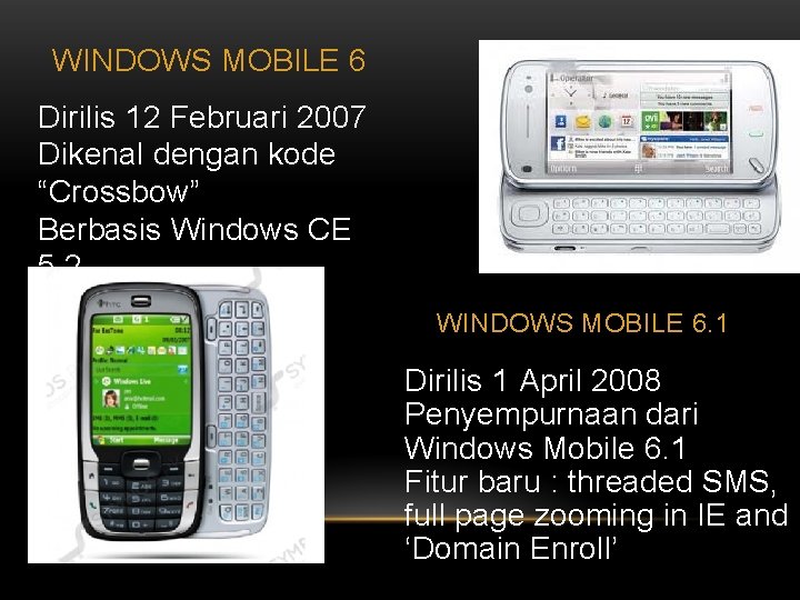WINDOWS MOBILE 6 Dirilis 12 Februari 2007 Dikenal dengan kode “Crossbow” Berbasis Windows CE