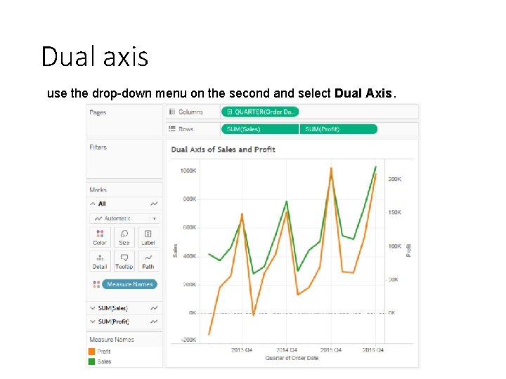 Dual axis use the drop-down menu on the second and select Dual Axis. 