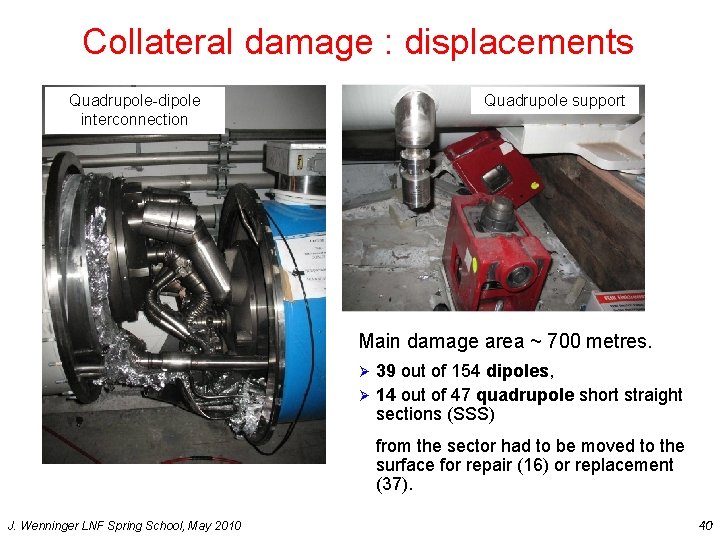 Collateral damage : displacements Quadrupole-dipole interconnection Quadrupole support Main damage area ~ 700 metres.