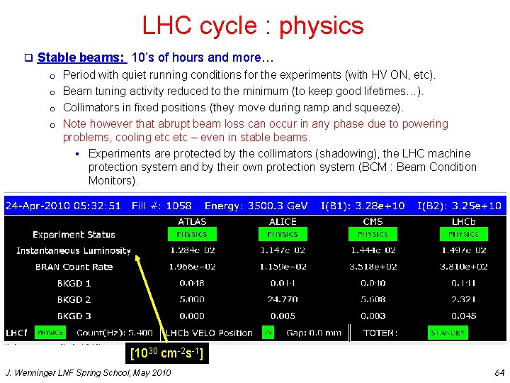 LHC cycle : physics q Stable beams: 10’s of hours and more… Period with