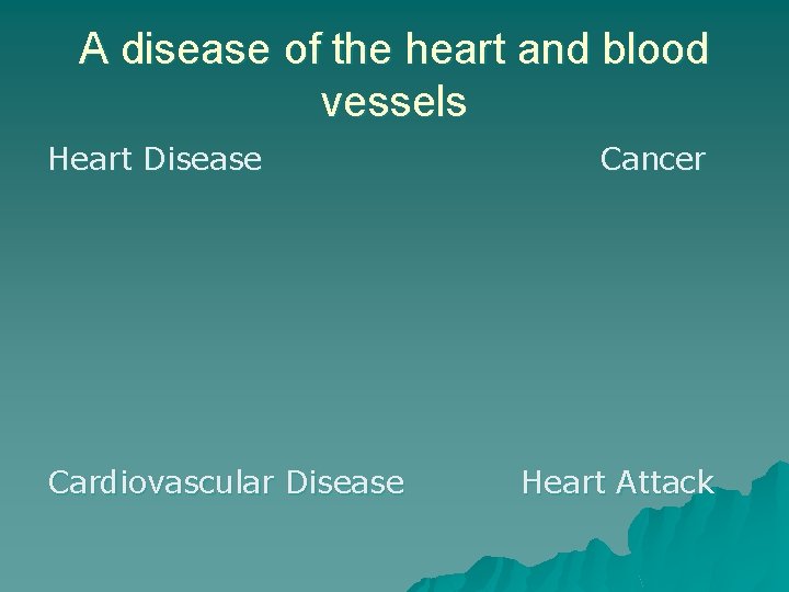 A disease of the heart and blood vessels Heart Disease Cardiovascular Disease Cancer Heart