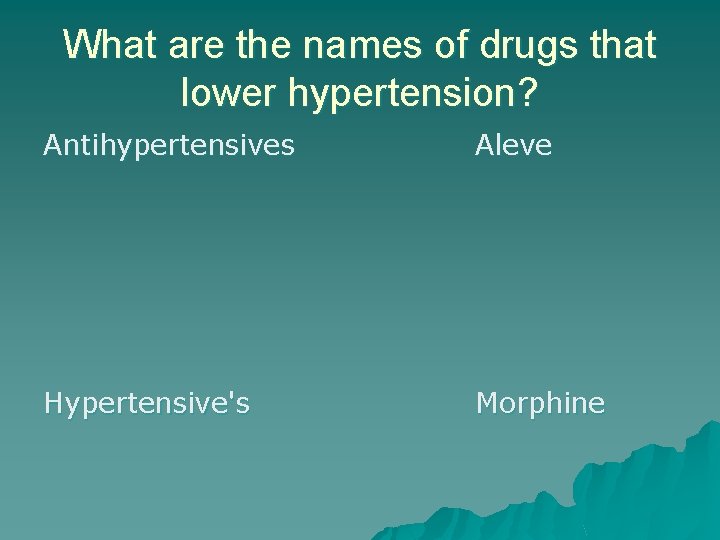 What are the names of drugs that lower hypertension? Antihypertensives Aleve Hypertensive's Morphine 