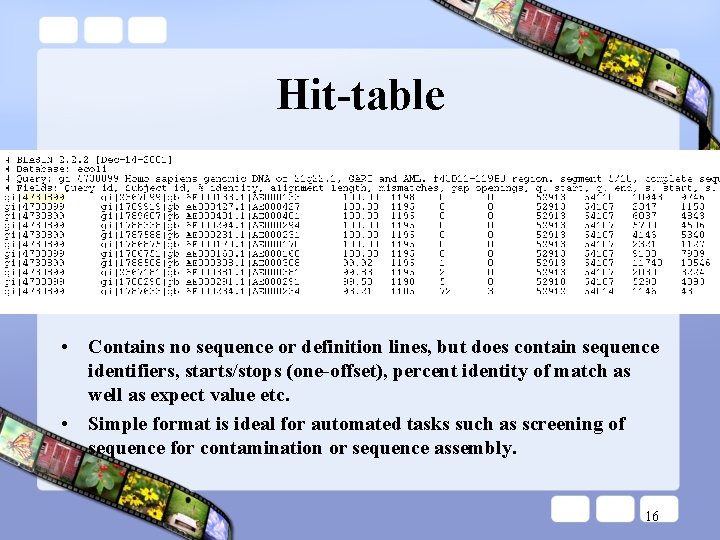 Hit-table • Contains no sequence or definition lines, but does contain sequence identifiers, starts/stops