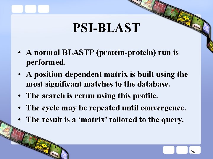 PSI-BLAST • A normal BLASTP (protein-protein) run is performed. • A position-dependent matrix is