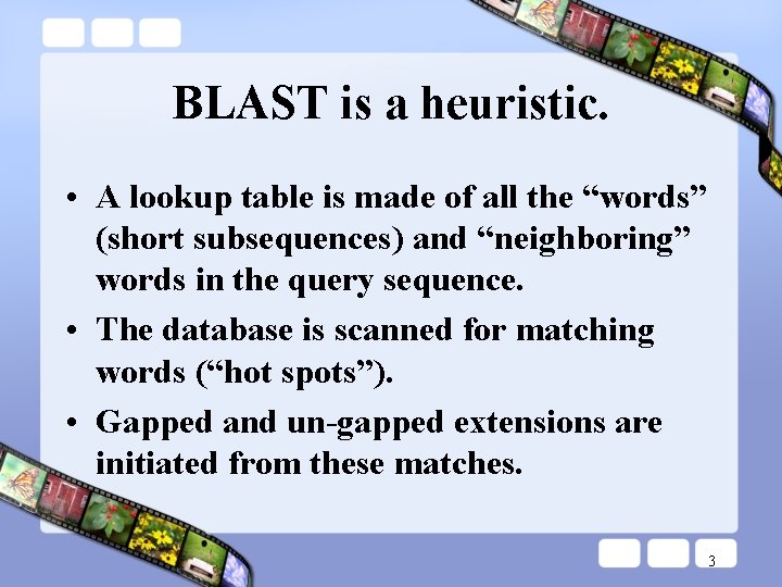 BLAST is a heuristic. • A lookup table is made of all the “words”