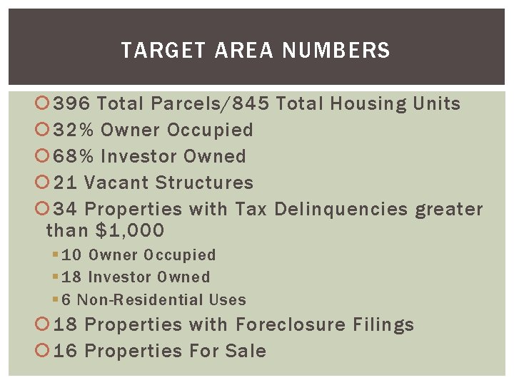 TARGET AREA NUMBERS 396 Total Parcels/845 Total Housing Units 32% Owner Occupied 68% Investor