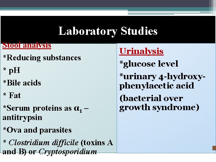 Laboratory Studies Stool analysis *Reducing substances * p. H *Bile acids * Fat *Serum