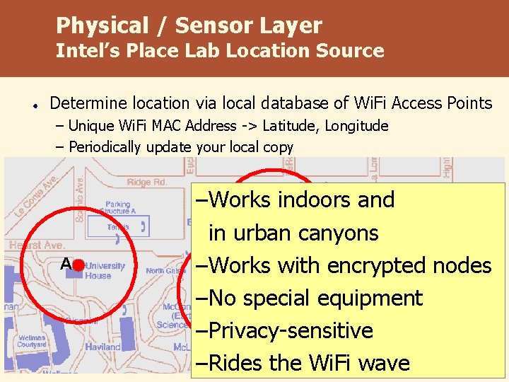 Physical / Sensor Layer Intel’s Place Lab Location Source Determine location via local database