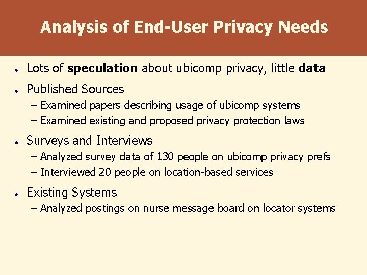 Analysis of End-User Privacy Needs Lots of speculation about ubicomp privacy, little data Published