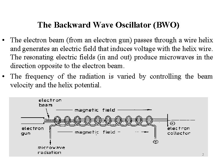 The Backward Wave Oscillator (BWO) • The electron beam (from an electron gun) passes
