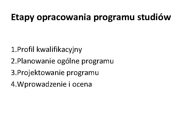 Etapy opracowania programu studiów 1. Profil kwalifikacyjny 2. Planowanie ogólne programu 3. Projektowanie programu