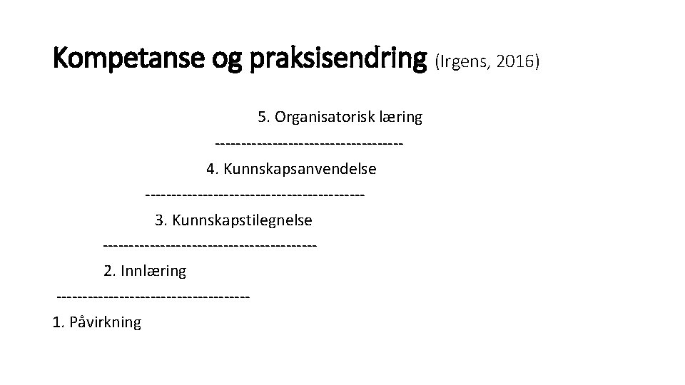 Kompetanse og praksisendring (Irgens, 2016) 5. Organisatorisk læring ------------------4. Kunnskapsanvendelse ---------------------3. Kunnskapstilegnelse --------------------2. Innlæring