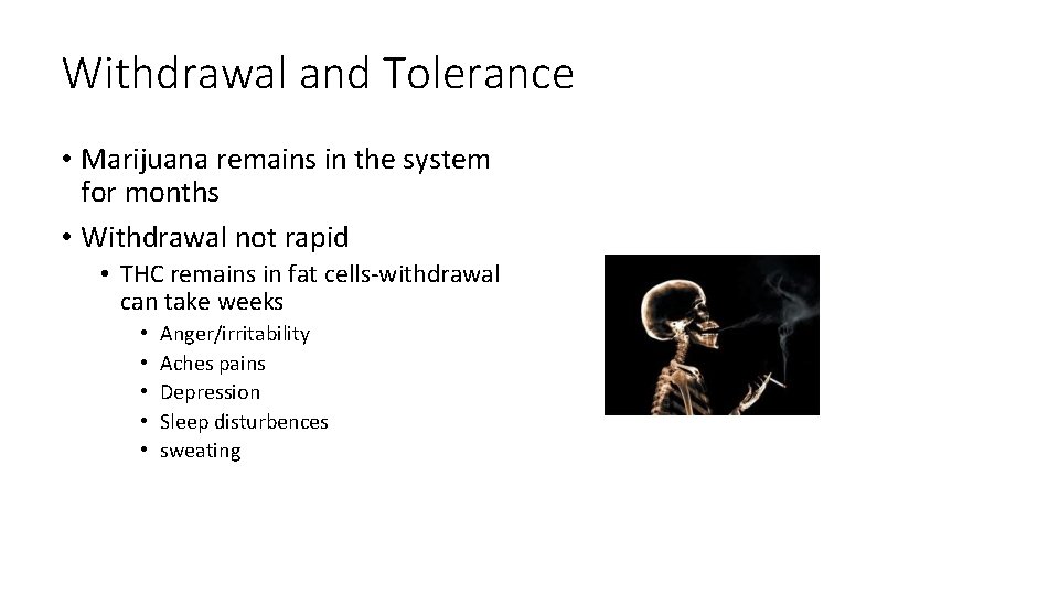 Withdrawal and Tolerance • Marijuana remains in the system for months • Withdrawal not