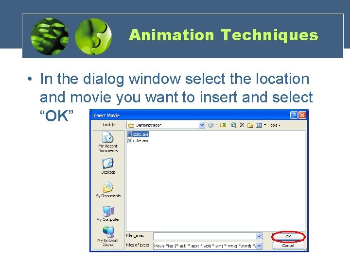 Animation Techniques • In the dialog window select the location and movie you want