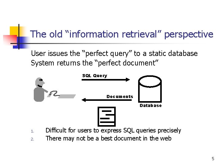 The old “information retrieval” perspective User issues the “perfect query” to a static database