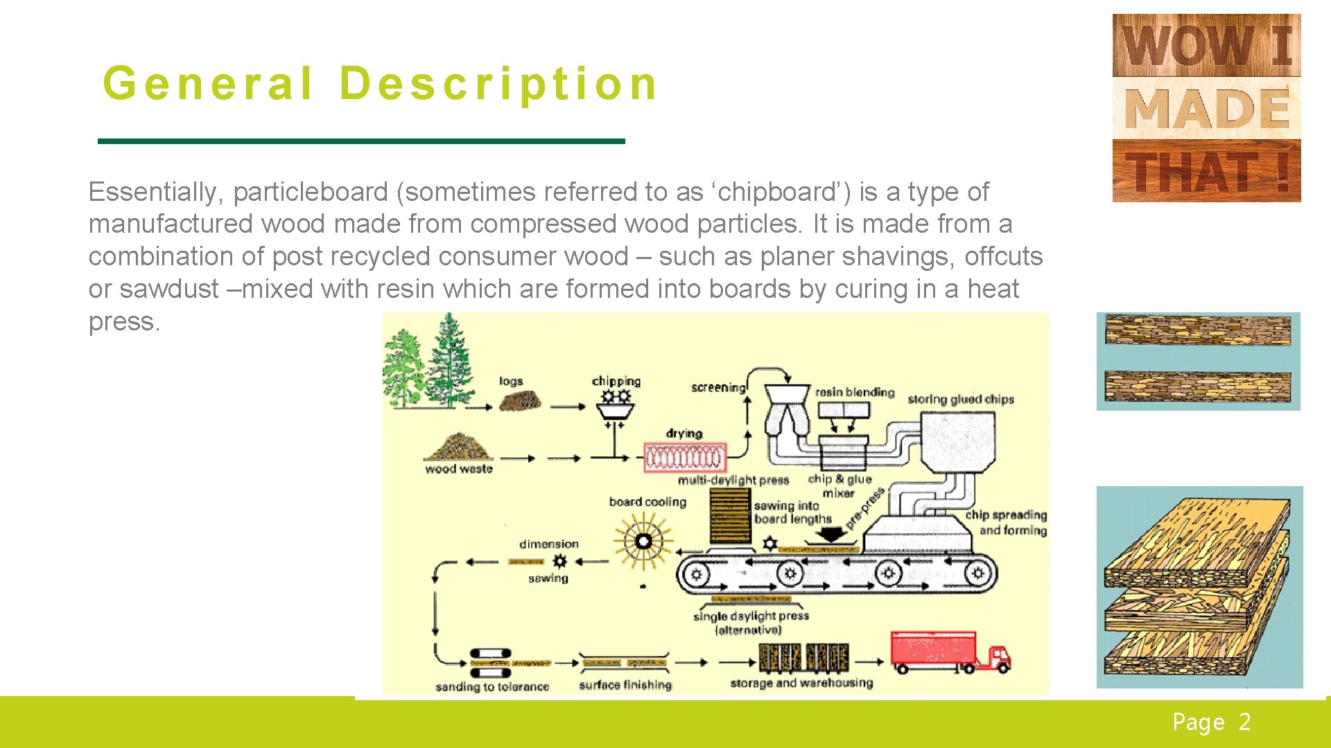 General Description Essentially, particleboard (sometimes referred to as ‘chipboard’) is a type of manufactured