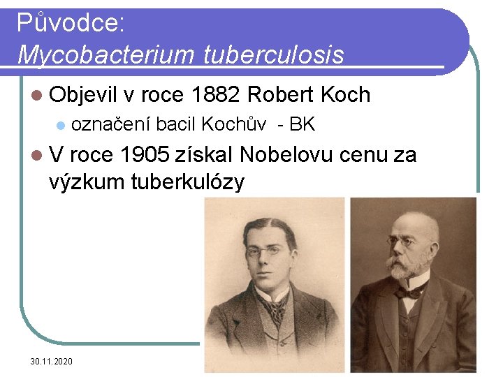 Původce: Mycobacterium tuberculosis l Objevil l v roce 1882 Robert Koch označení bacil Kochův