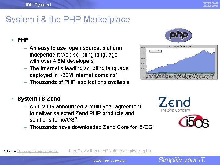 IBM System i & the PHP Marketplace § PHP – An easy to use,