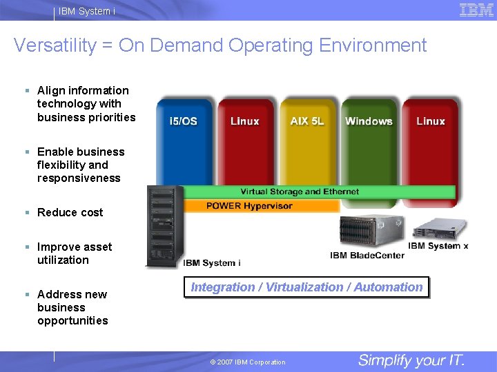 IBM System i Versatility = On Demand Operating Environment § Align information technology with