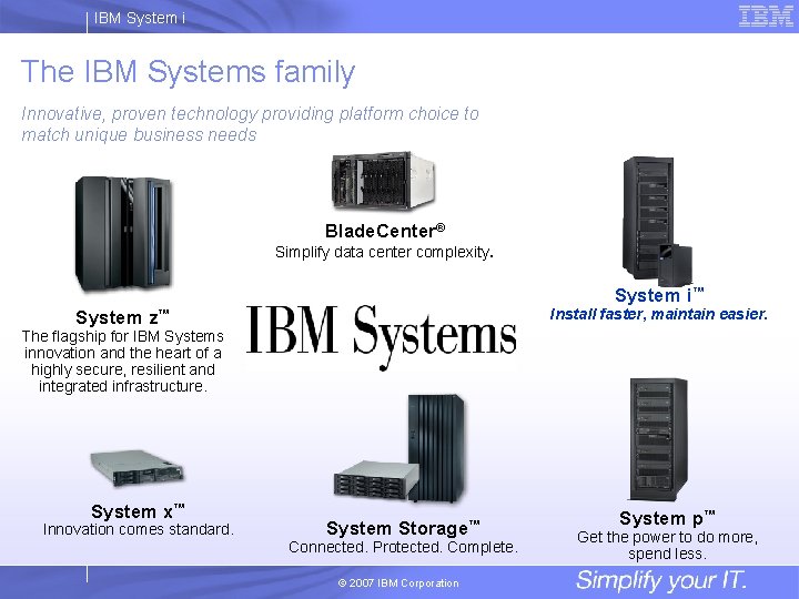 IBM System i The IBM Systems family Innovative, proven technology providing platform choice to