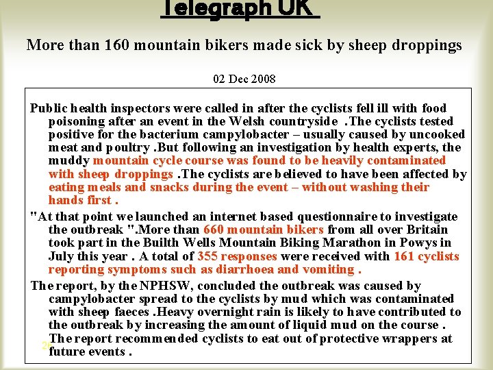 Telegraph UK More than 160 mountain bikers made sick by sheep droppings 02 Dec