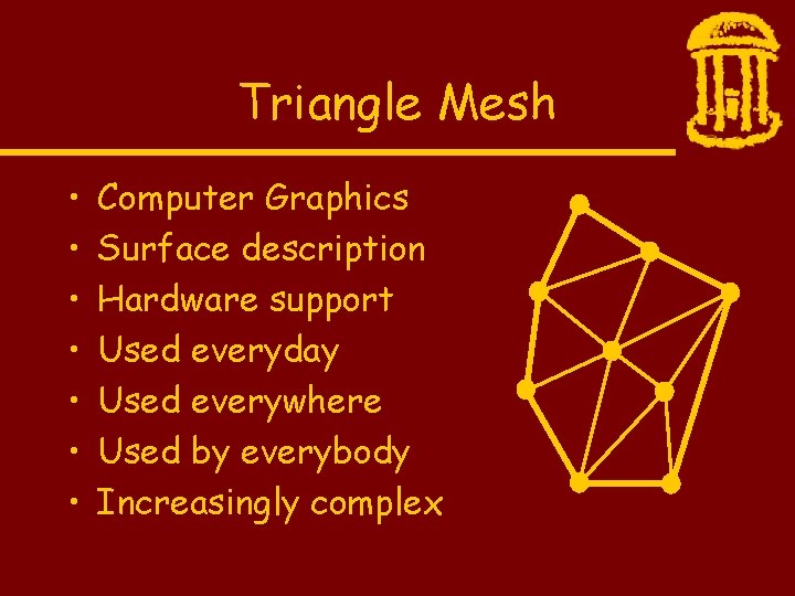 Triangle Mesh • • Computer Graphics Surface description Hardware support Used everyday Used everywhere