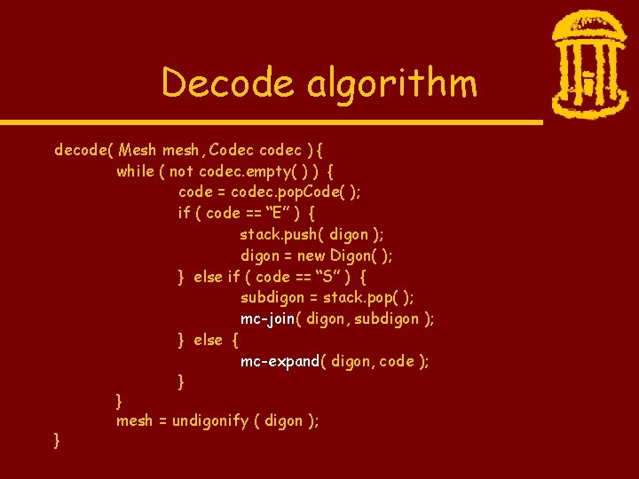 Decode algorithm decode( Mesh mesh, Codec codec ) { while ( not codec. empty(