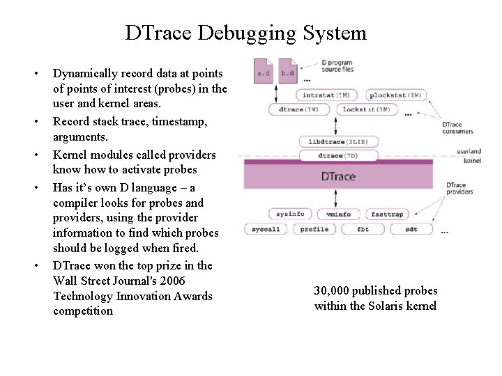 DTrace Debugging System • • • Dynamically record data at points of interest (probes)