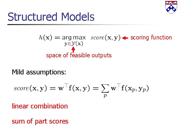 Structured Models scoring function space of feasible outputs Mild assumptions: linear combination sum of