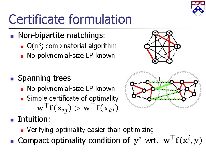 Certificate formulation n Non-bipartite matchings: n n n 4 6 No polynomial-size LP known