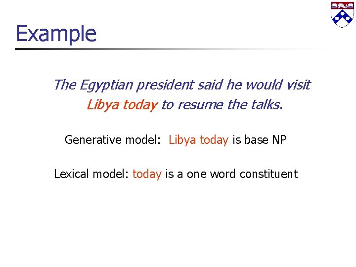 Example The Egyptian president said he would visit Libya today to resume the talks.