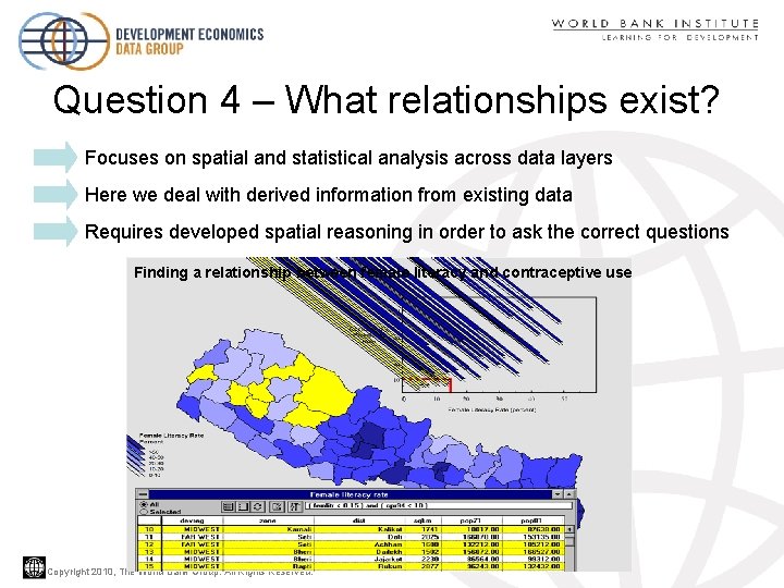 Question 4 – What relationships exist? Focuses on spatial and statistical analysis across data