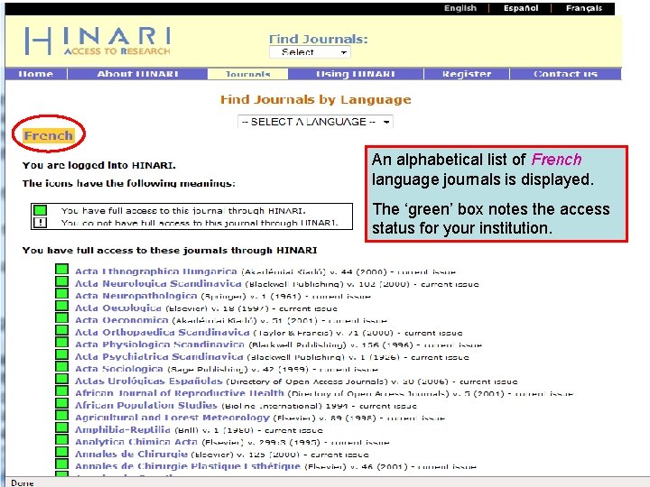 Accessing journals by Language continued An alphabetical list of French language journals is displayed.