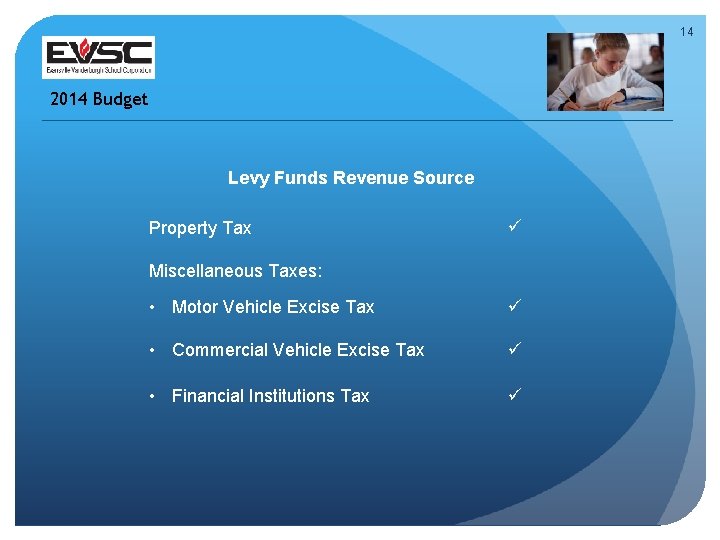 14 2014 Budget Levy Funds Revenue Source Property Tax Miscellaneous Taxes: • Motor Vehicle