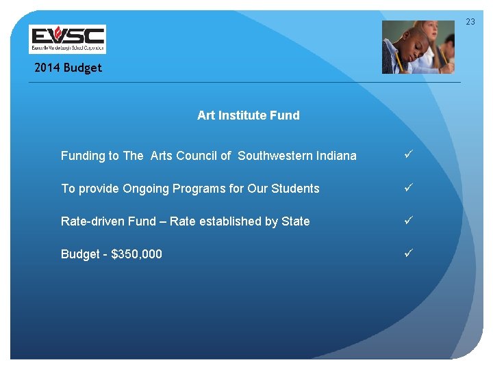 23 2014 Budget Art Institute Funding to The Arts Council of Southwestern Indiana To