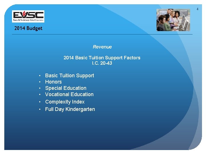 4 2014 Budget Revenue 2014 Basic Tuition Support Factors I. C. 20 -43 •