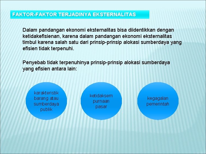 FAKTOR-FAKTOR TERJADINYA EKSTERNALITAS Dalam pandangan ekonomi eksternalitas bisa diidentikkan dengan ketidakefisienan, karena dalam pandangan