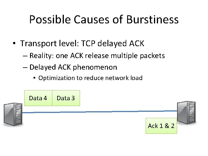 Possible Causes of Burstiness • Transport level: TCP delayed ACK – Reality: one ACK