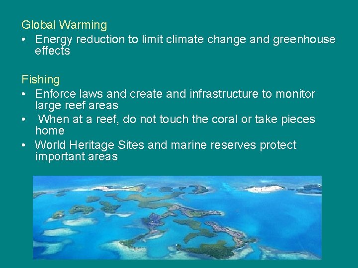 Global Warming • Energy reduction to limit climate change and greenhouse effects Fishing •