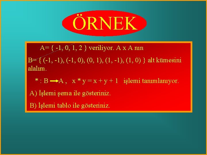 ÖRNEK A= { -1, 0, 1, 2 } veriliyor. A x A nın B=