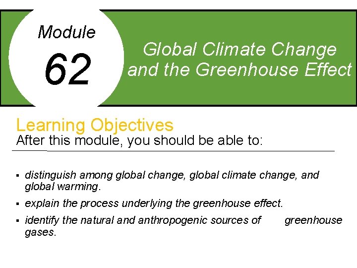 Module 62 Global Climate Change and the Greenhouse Effect Learning Objectives After this module,