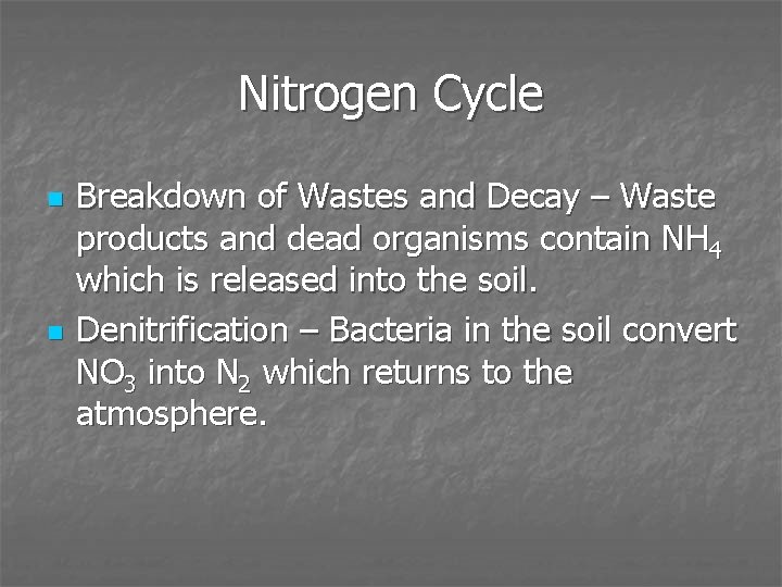 Nitrogen Cycle n n Breakdown of Wastes and Decay – Waste products and dead