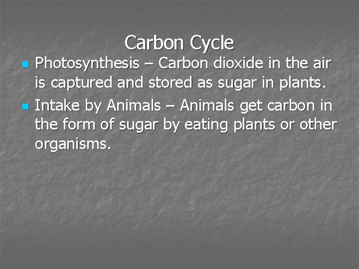 Carbon Cycle n n Photosynthesis – Carbon dioxide in the air is captured and